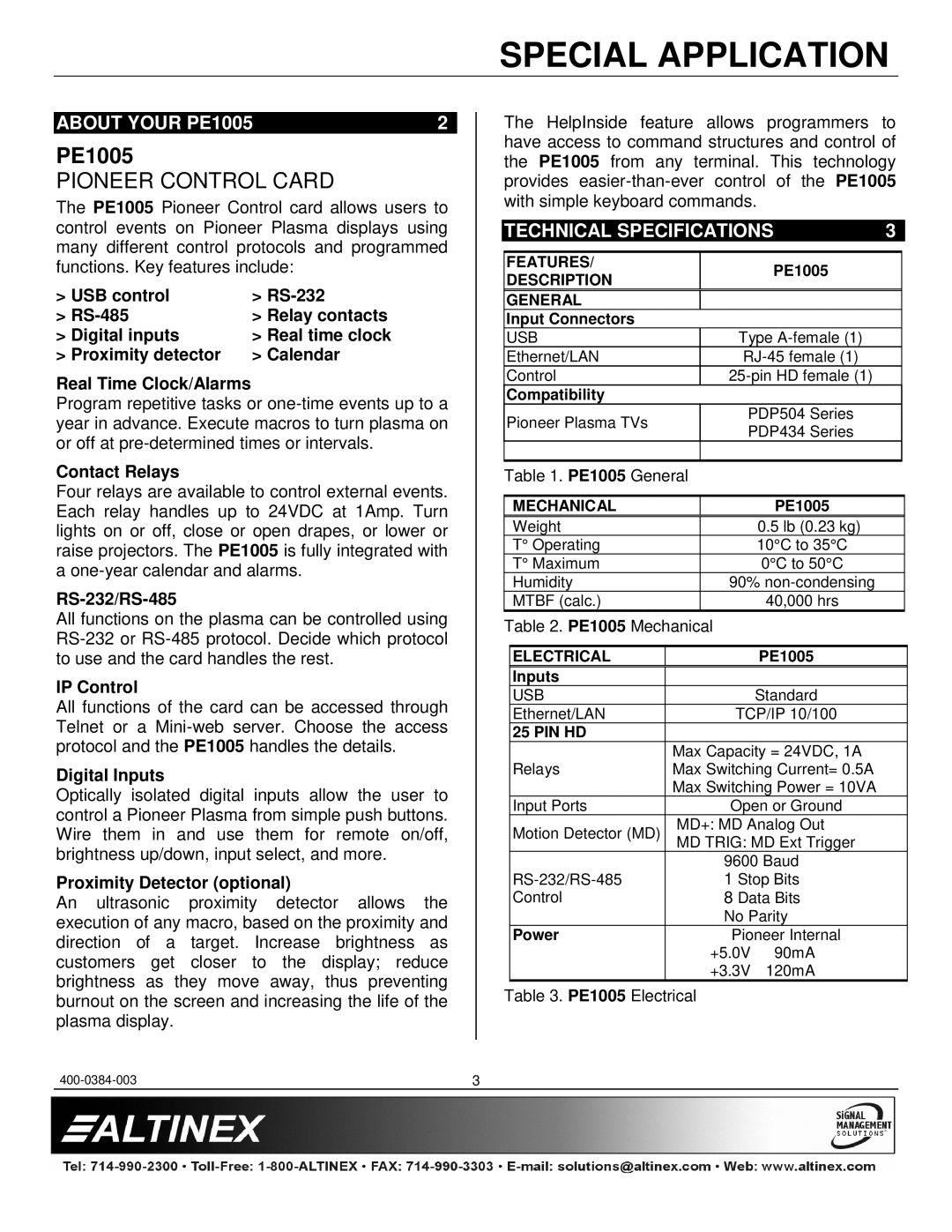 Altinex manual About Your PE1005, Technical Specifications 