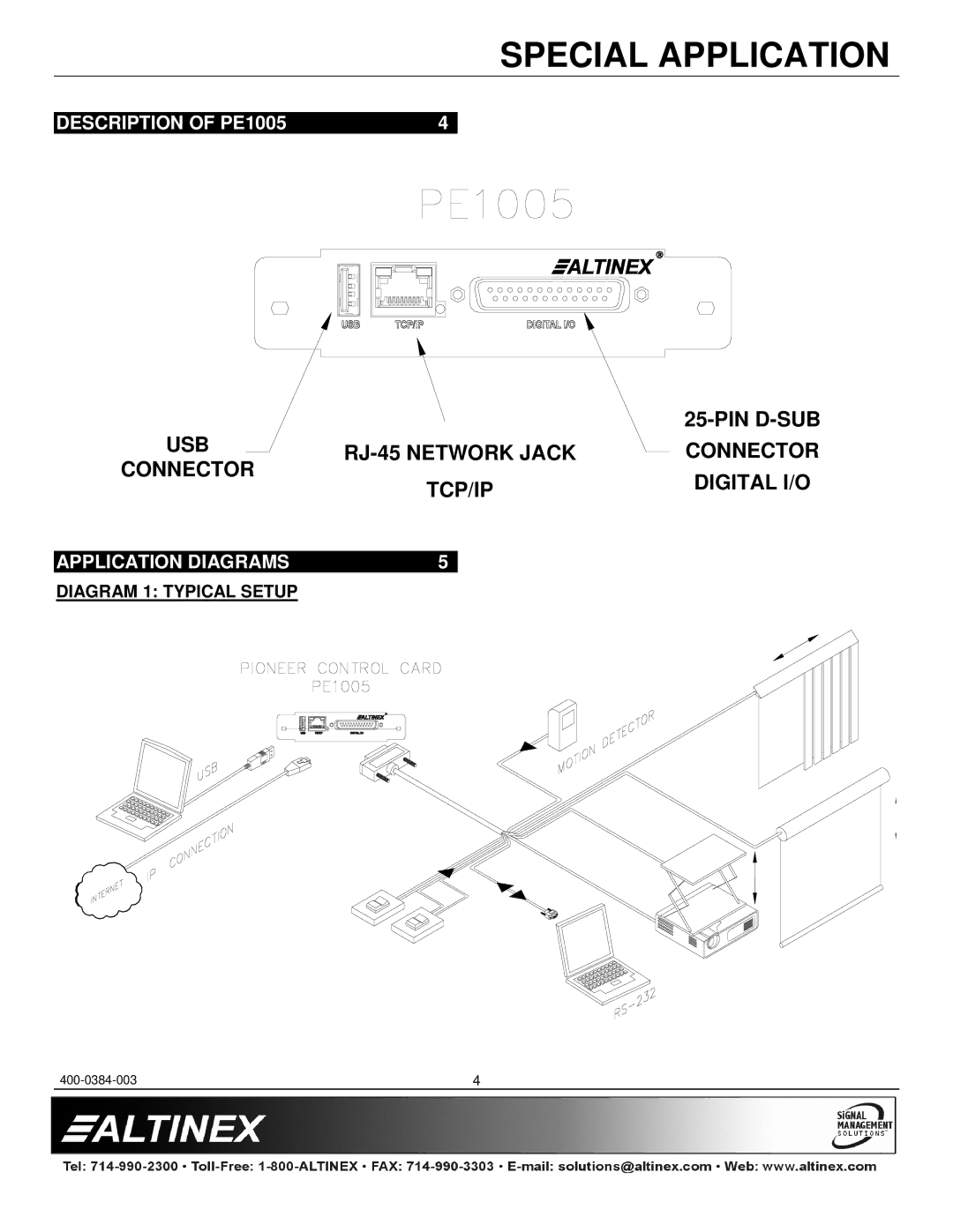 Altinex manual Description of PE1005, Application Diagrams, Diagram 1 Typical Setup 