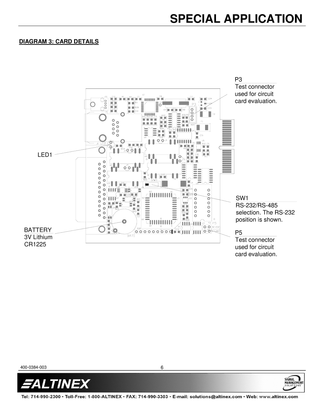 Altinex PE1005 manual Diagram 3 Card Details, LED1, Battery, SW1 