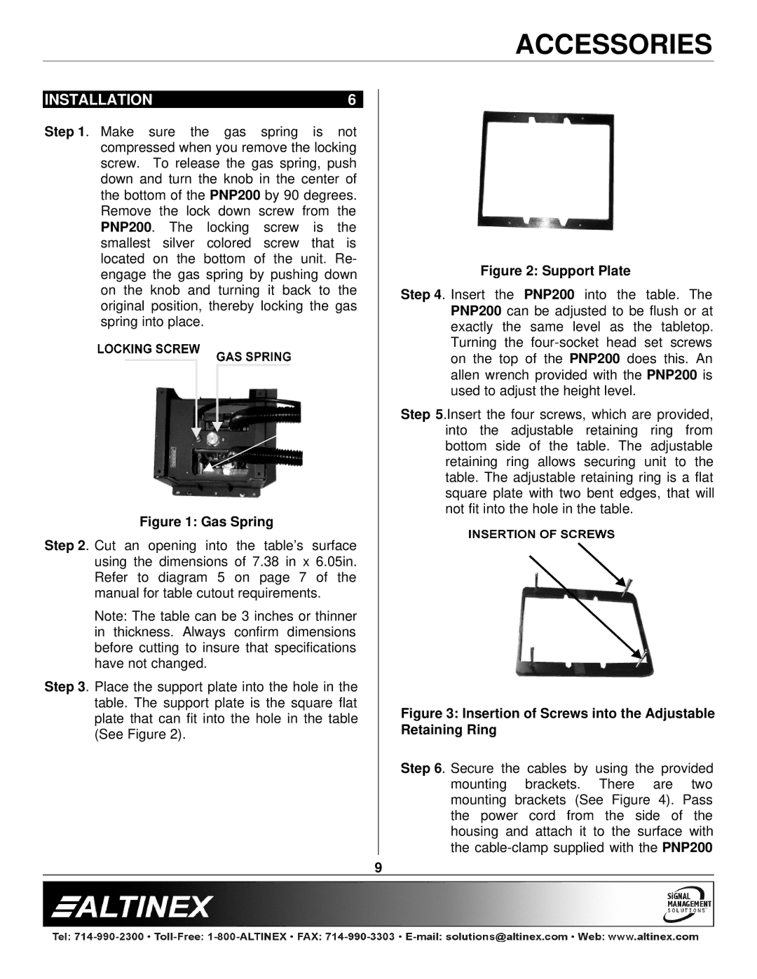 Altinex PNP200 manual Installation, Gas Spring 