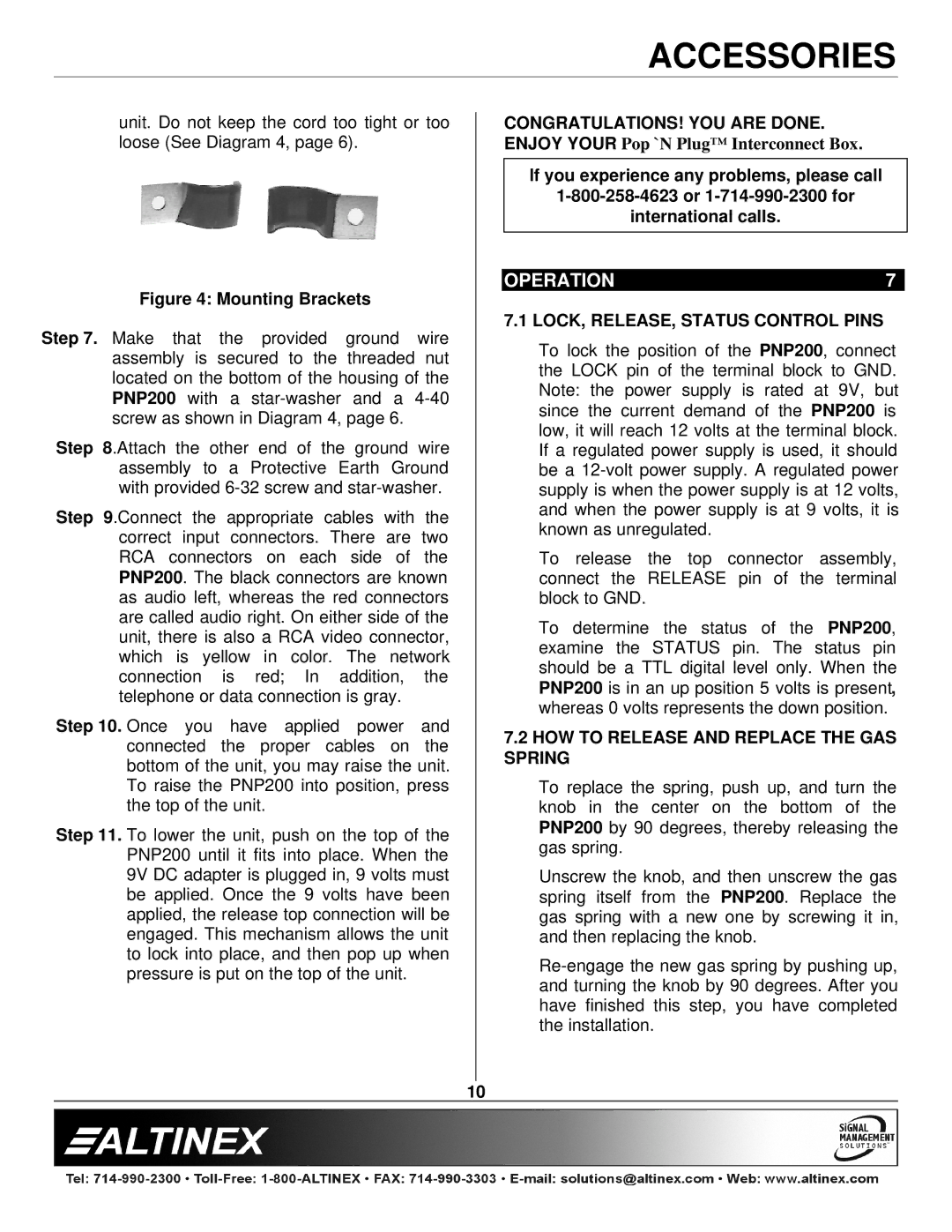 Altinex PNP200 manual Operation, LOCK, RELEASE, Status Control Pins, HOW to Release and Replace the GAS Spring 