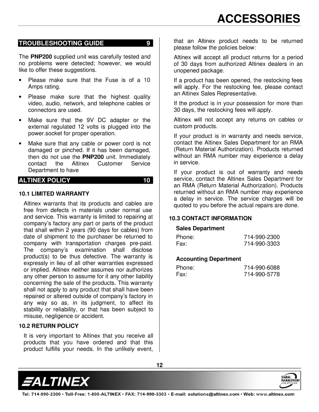 Altinex PNP200 manual Troubleshooting Guide, Altinex Policy, Limited Warranty, Return Policy, Contact Information 