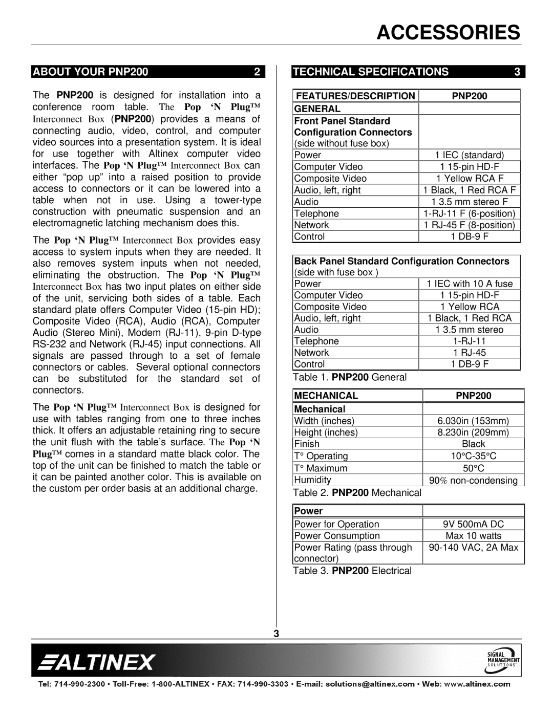 Altinex manual About Your PNP200 Technical Specifications, FEATURES/DESCRIPTION General 