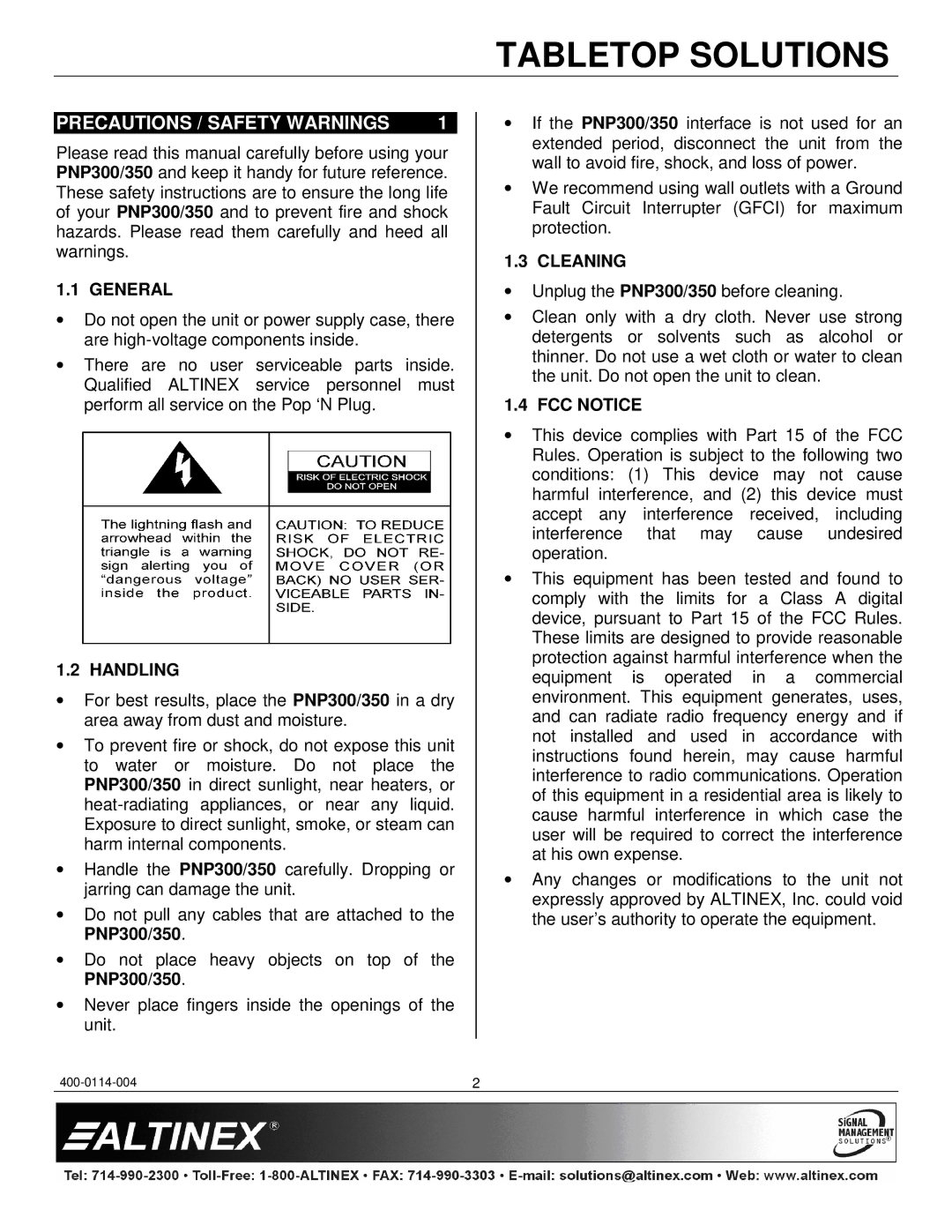 Altinex PNP350, PNP300 manual Precautions / Safety Warnings, General, Handling, Cleaning, FCC Notice 