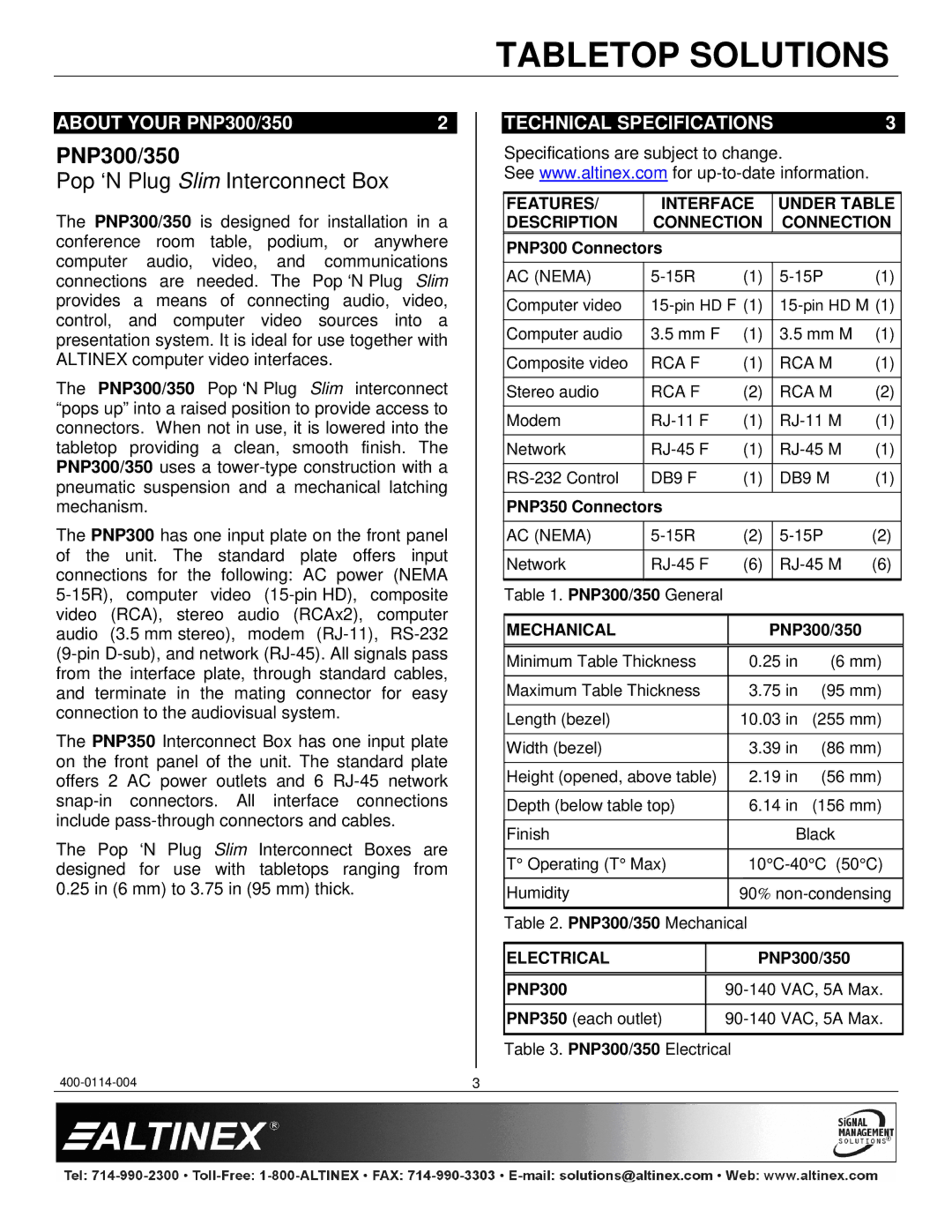 Altinex PNP350 manual About Your PNP300/350, Technical Specifications 