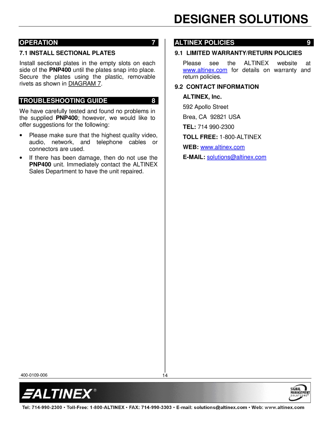 Altinex PNP400 manual Operation, Troubleshooting Guide, Altinex Policies, Install Sectional Plates 