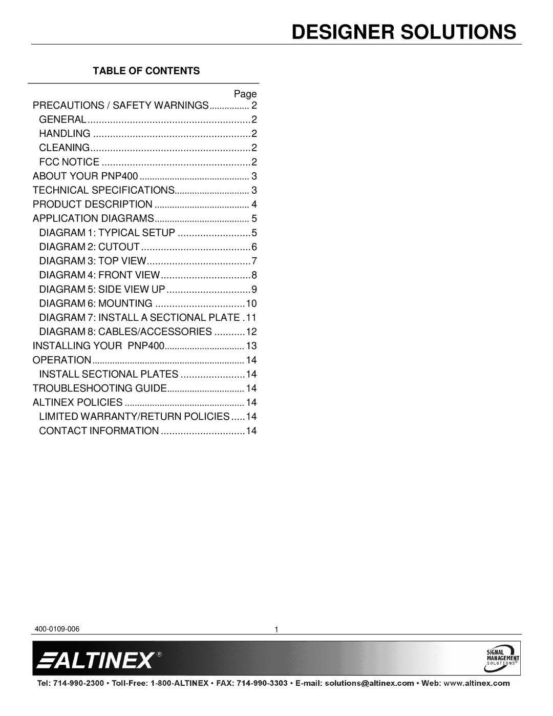 Altinex PNP400 manual Table of Contents 