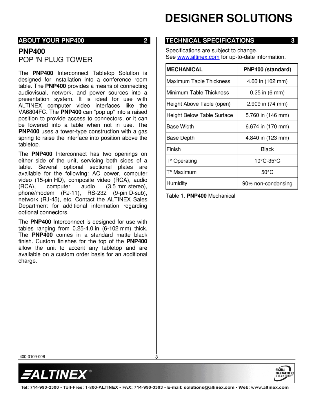 Altinex manual About Your PNP400, Technical Specifications 