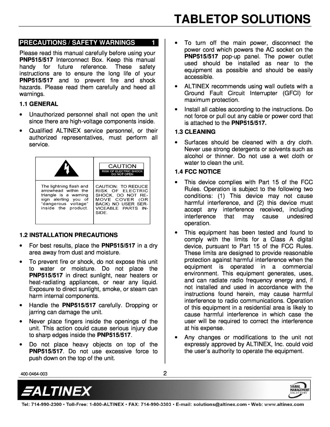 Altinex PNP537C Precautions / Safety Warnings, Tabletop Solutions, General, Installation Precautions, Cleaning, Fcc Notice 