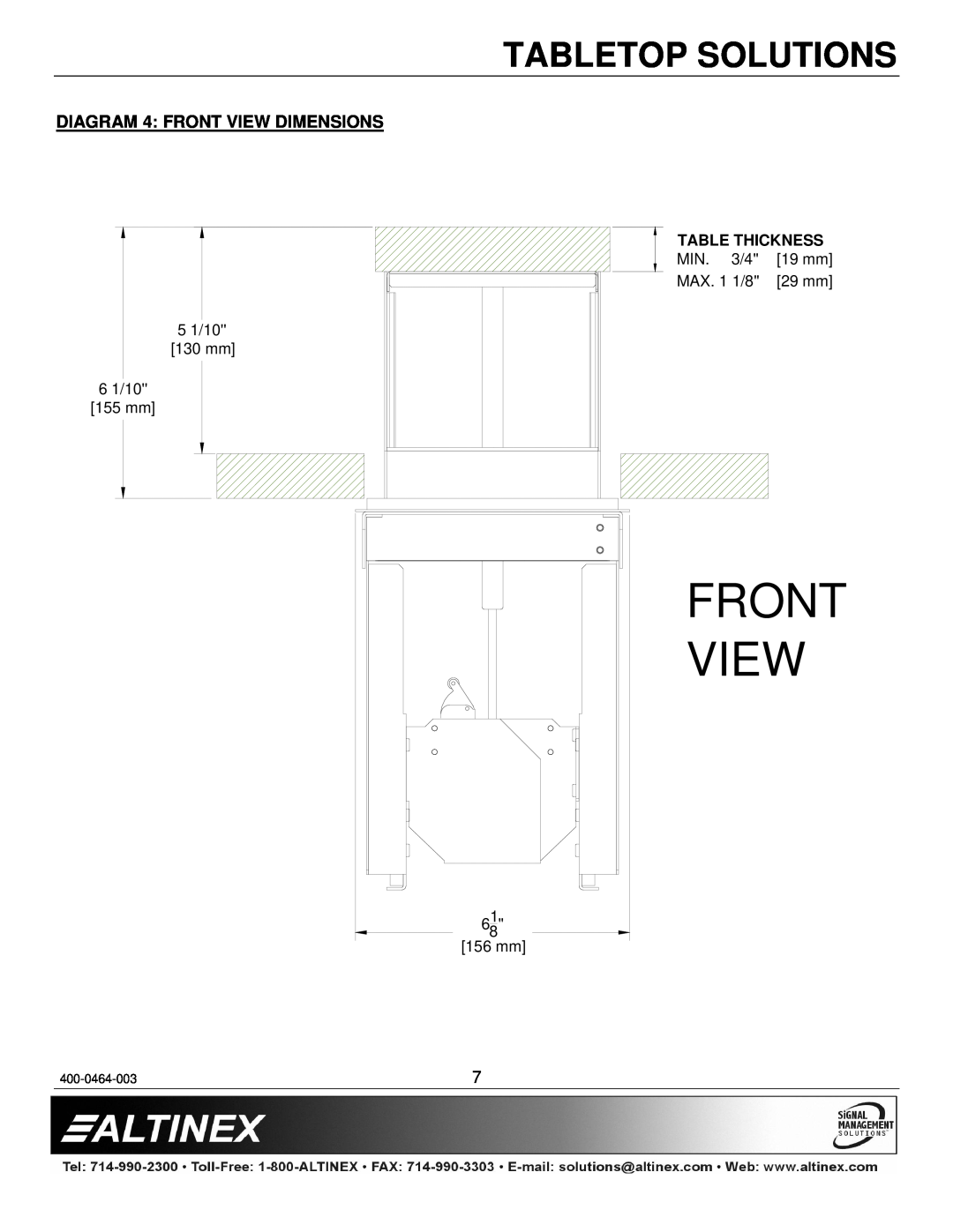 Altinex PNP527C, PNP547 Front View, Tabletop Solutions, DIAGRAM 4 FRONT VIEW DIMENSIONS, Table Thickness, 400-0464-003 