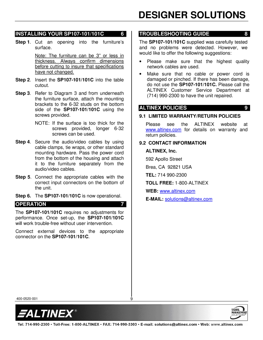 Altinex manual Installing Your SP107-101/101C, Operation, Troubleshooting Guide, Altinex Policies 