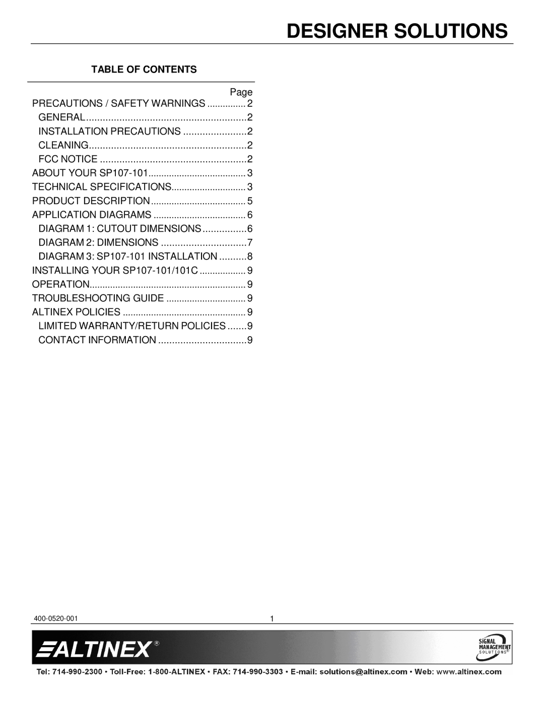 Altinex SP107-101/101C manual Table of Contents 