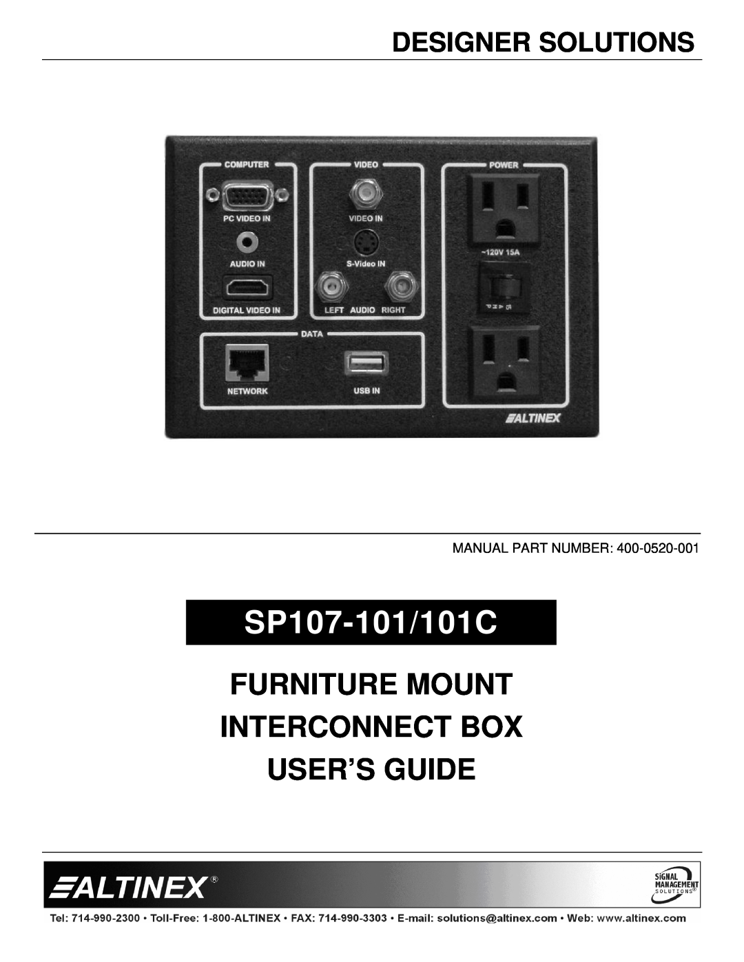 Altinex SP107-101/101C manual Designer Solutions, Furniture Mount Interconnect Box User’S Guide 