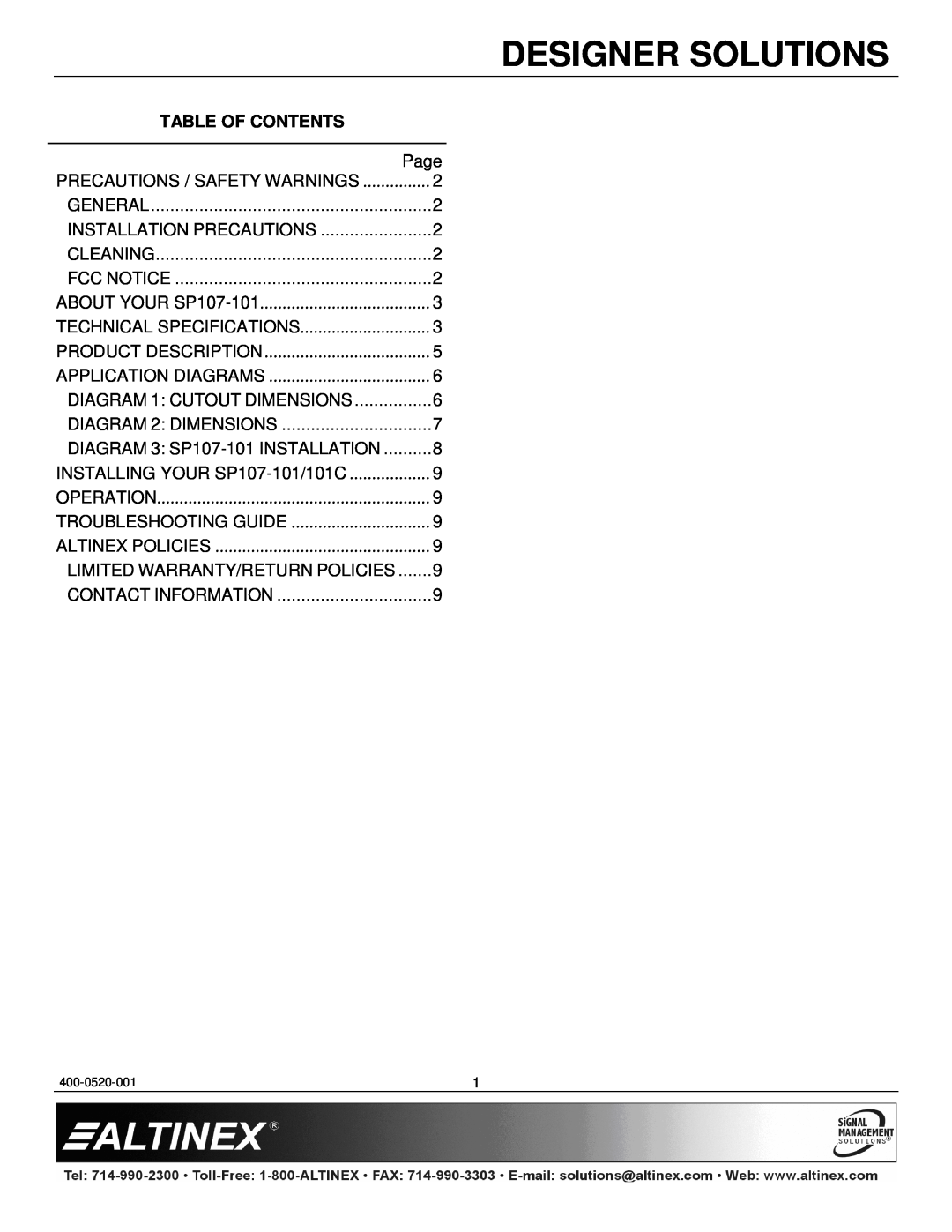 Altinex SP107-101/101C Designer Solutions, Table Of Contents, ABOUT YOUR SP107-101, Technical Specifications, Operation 