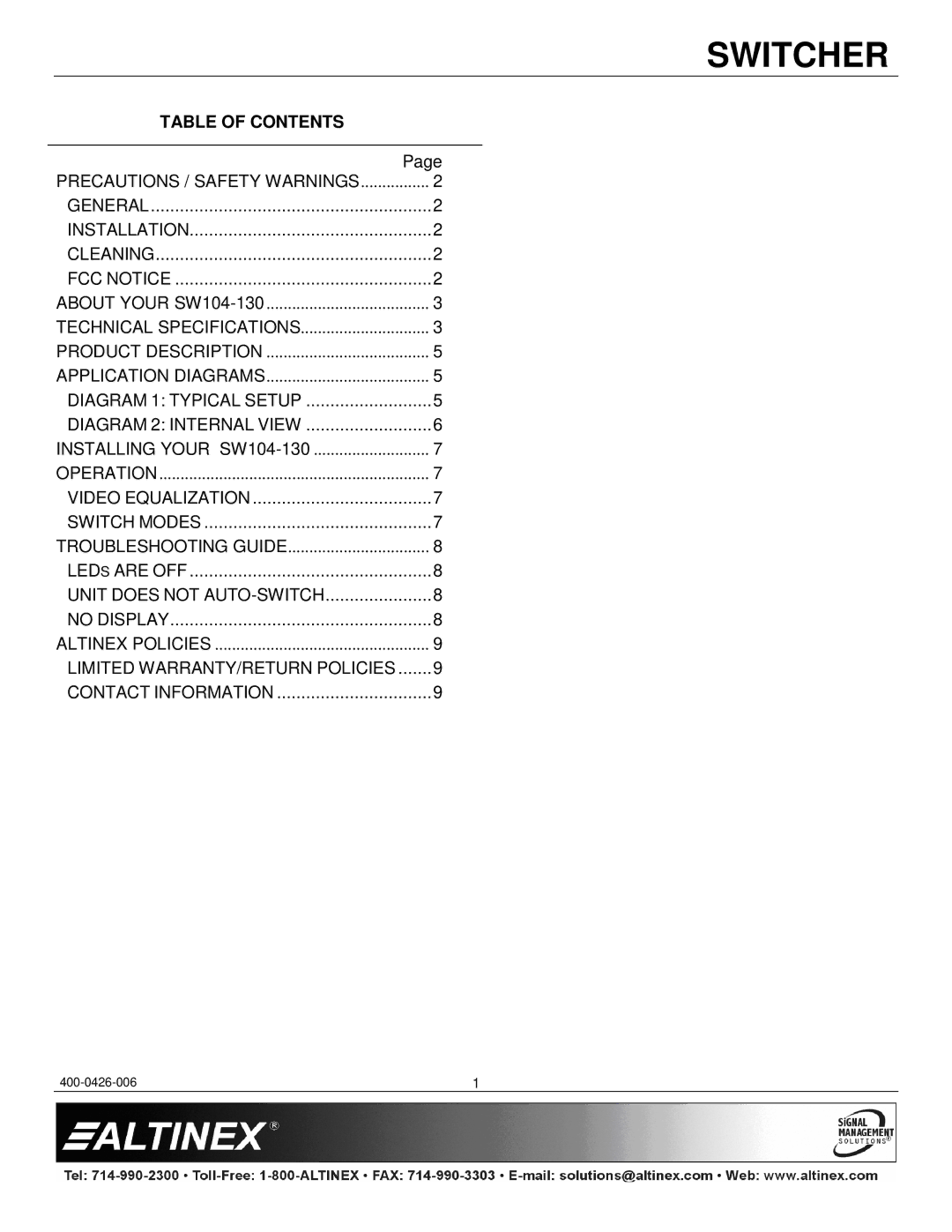 Altinex SW104-130 manual Table of Contents 