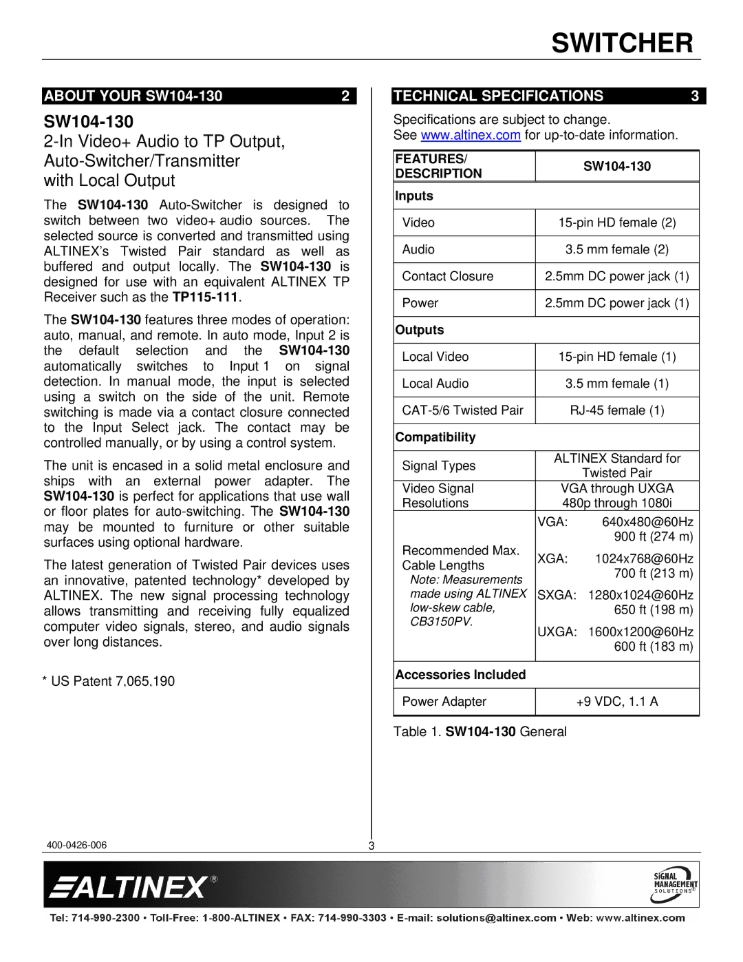 Altinex manual About Your SW104-130, Technical Specifications, Features, Description 