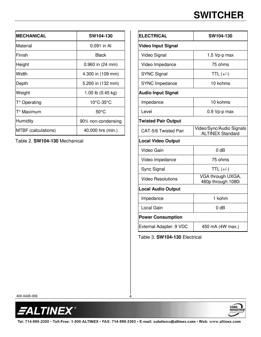 Altinex SW104-130 manual Mechanical, Electrical 