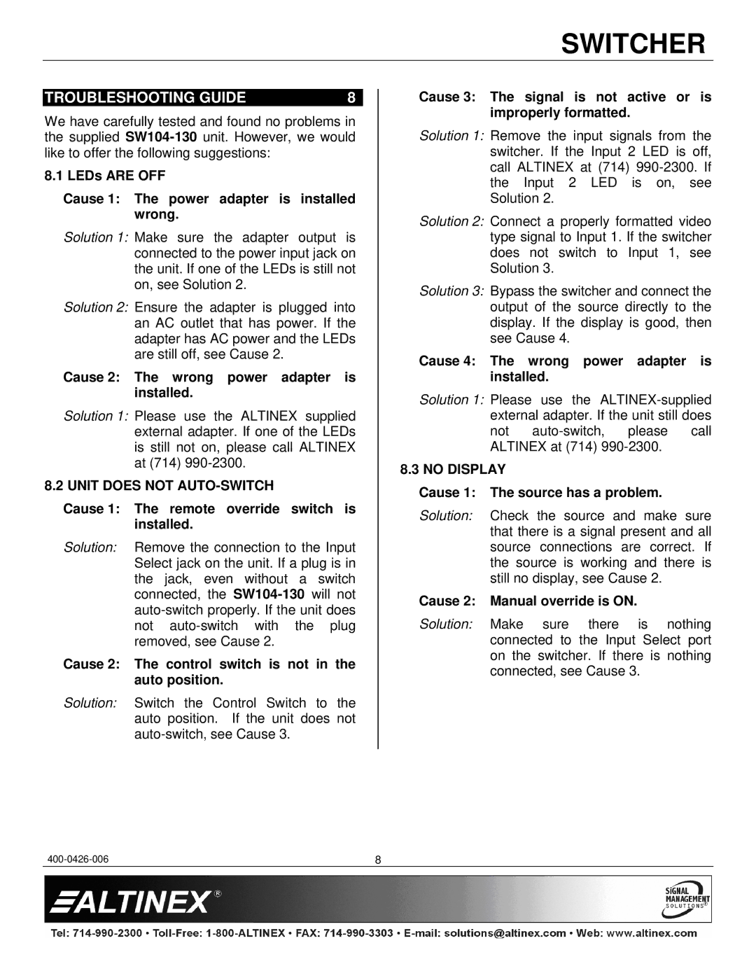 Altinex SW104-130 manual Troubleshooting Guide, Unit does not AUTO-SWITCH, No Display 