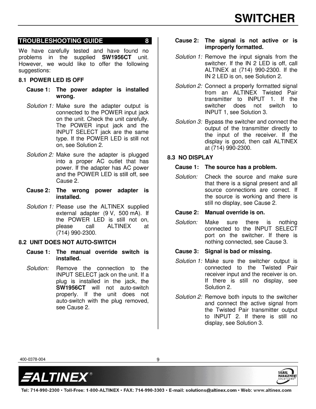 Altinex SW1956CT manual Troubleshooting Guide, Power LED is OFF, Unit does not AUTO-SWITCH, No Display 