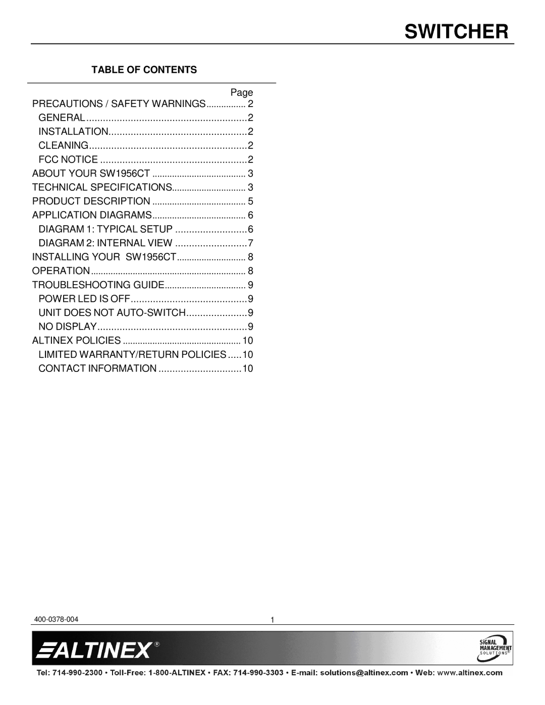 Altinex SW1956CT manual Table of Contents 