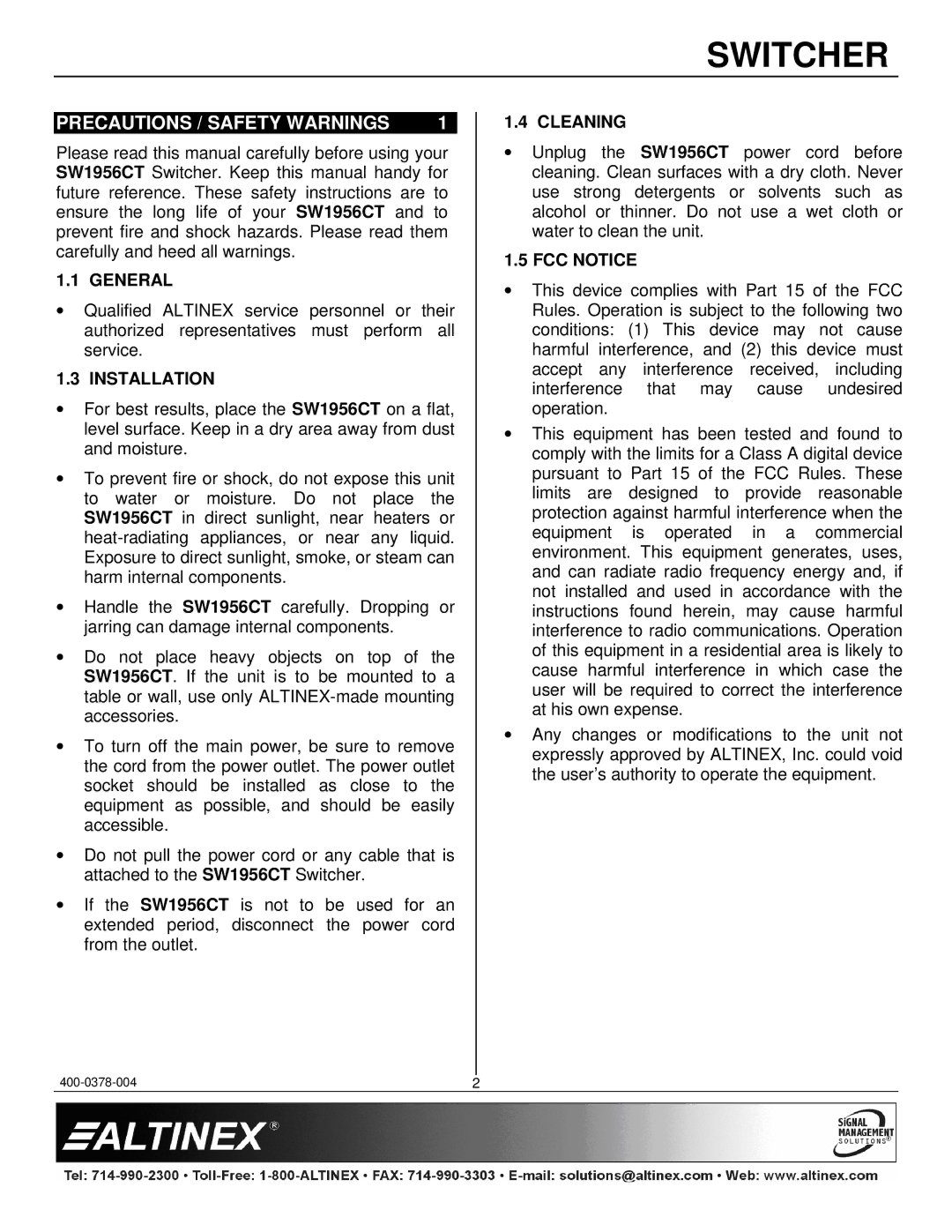 Altinex SW1956CT manual Precautions / Safety Warnings, General, Installation, Cleaning, FCC Notice 