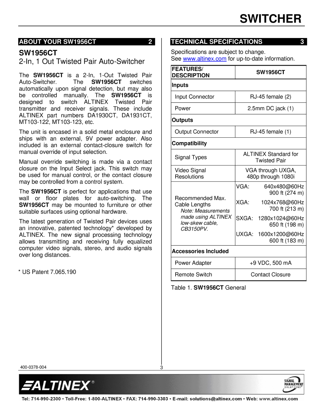 Altinex manual About Your SW1956CT, Technical Specifications 