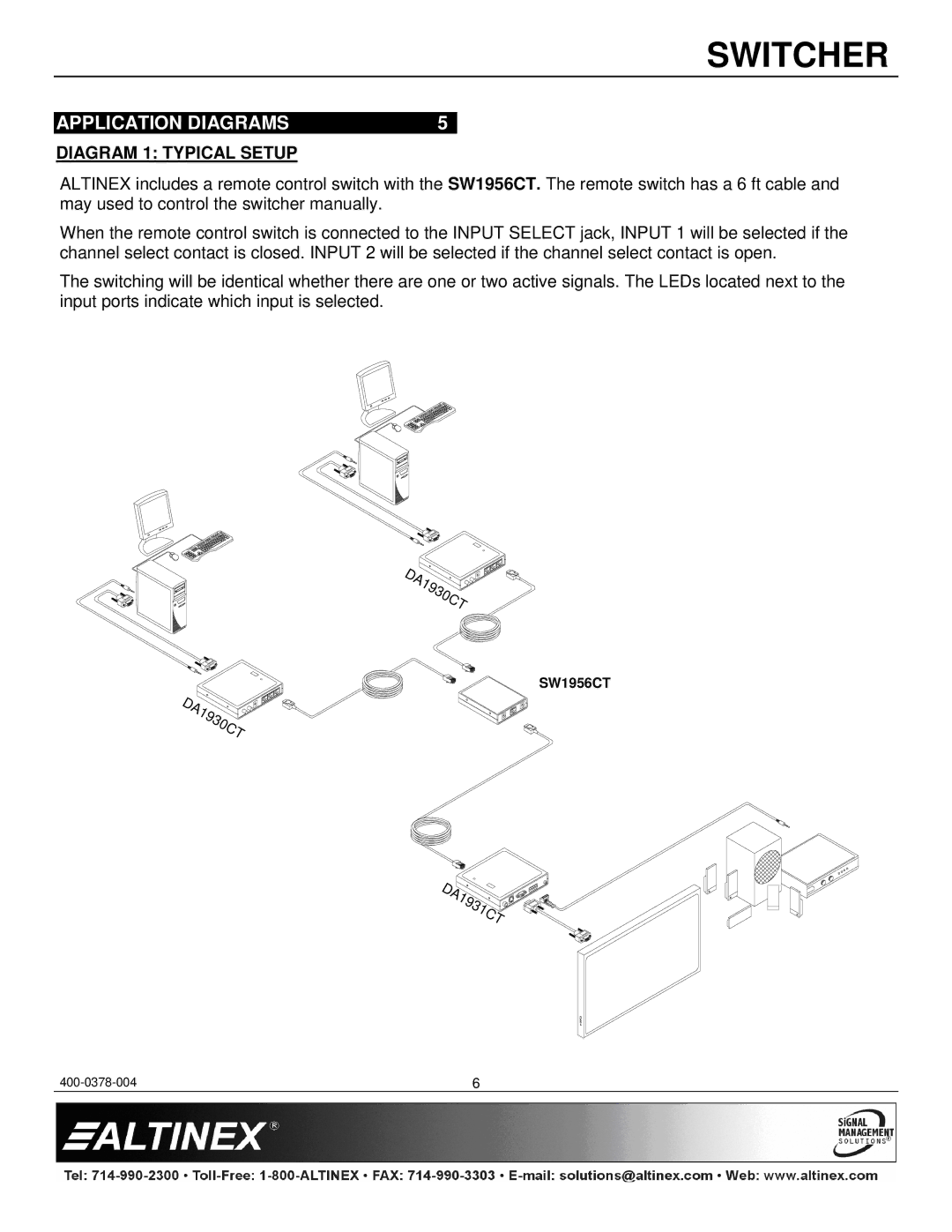 Altinex SW1956CT manual Application Diagrams, Diagram 1 Typical Setup 