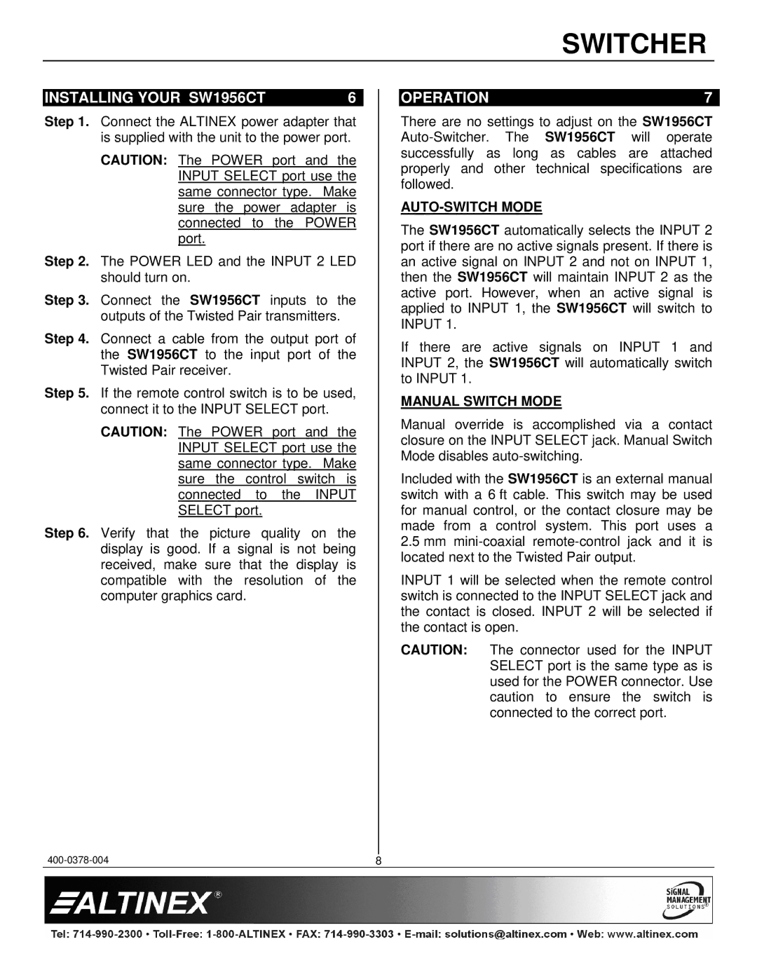 Altinex manual Installing Your SW1956CT, Operation, AUTO-SWITCH Mode, Manual Switch Mode 