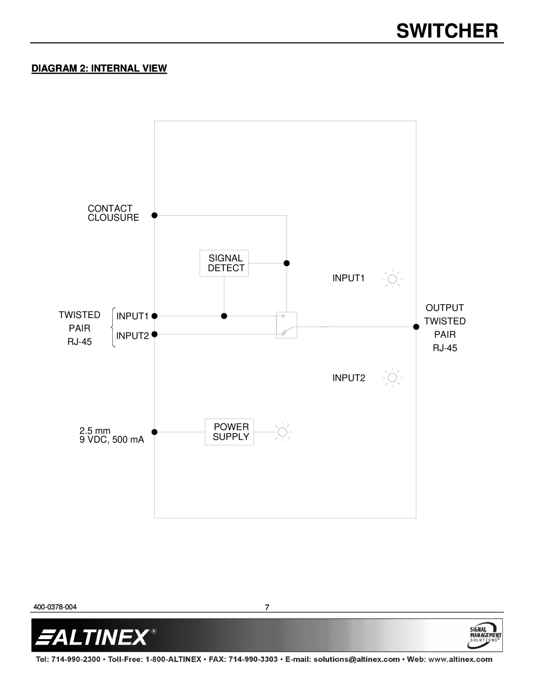 Altinex SW1956CT manual DIAGRAM 2 INTERNAL VIEW, Switcher 