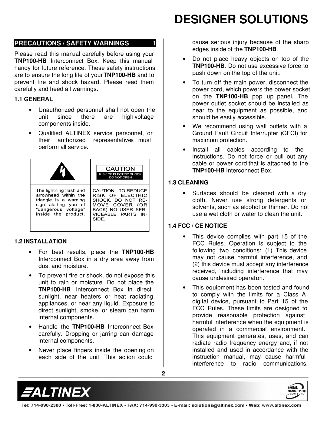 Altinex TNP100-HB manual Precautions / Safety Warnings, General, Installation, Cleaning, FCC / CE Notice 