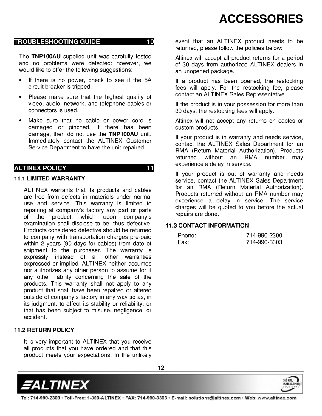 Altinex TNP100AU manual Troubleshooting Guide, Altinex Policy, Limited Warranty, Return Policy, Contact Information 