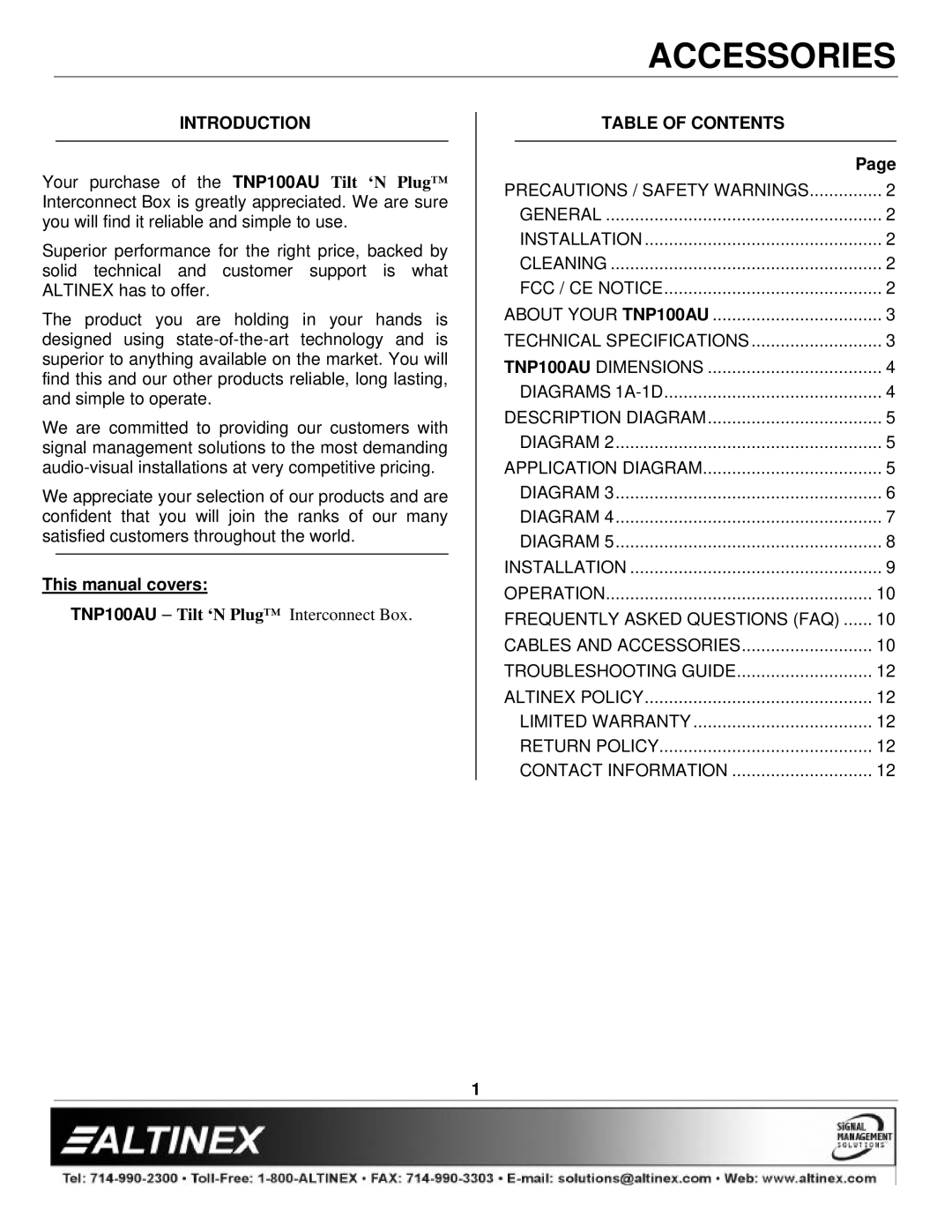 Altinex TNP100AU manual Introduction, Table of Contents 