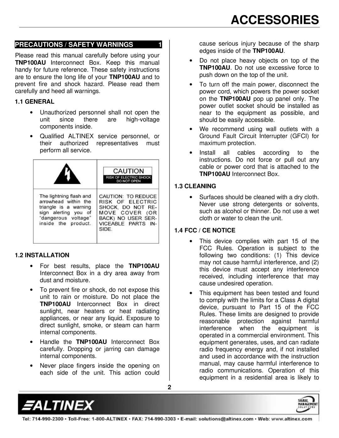 Altinex TNP100AU manual Precautions / Safety Warnings, General, Installation, Cleaning, FCC / CE Notice 