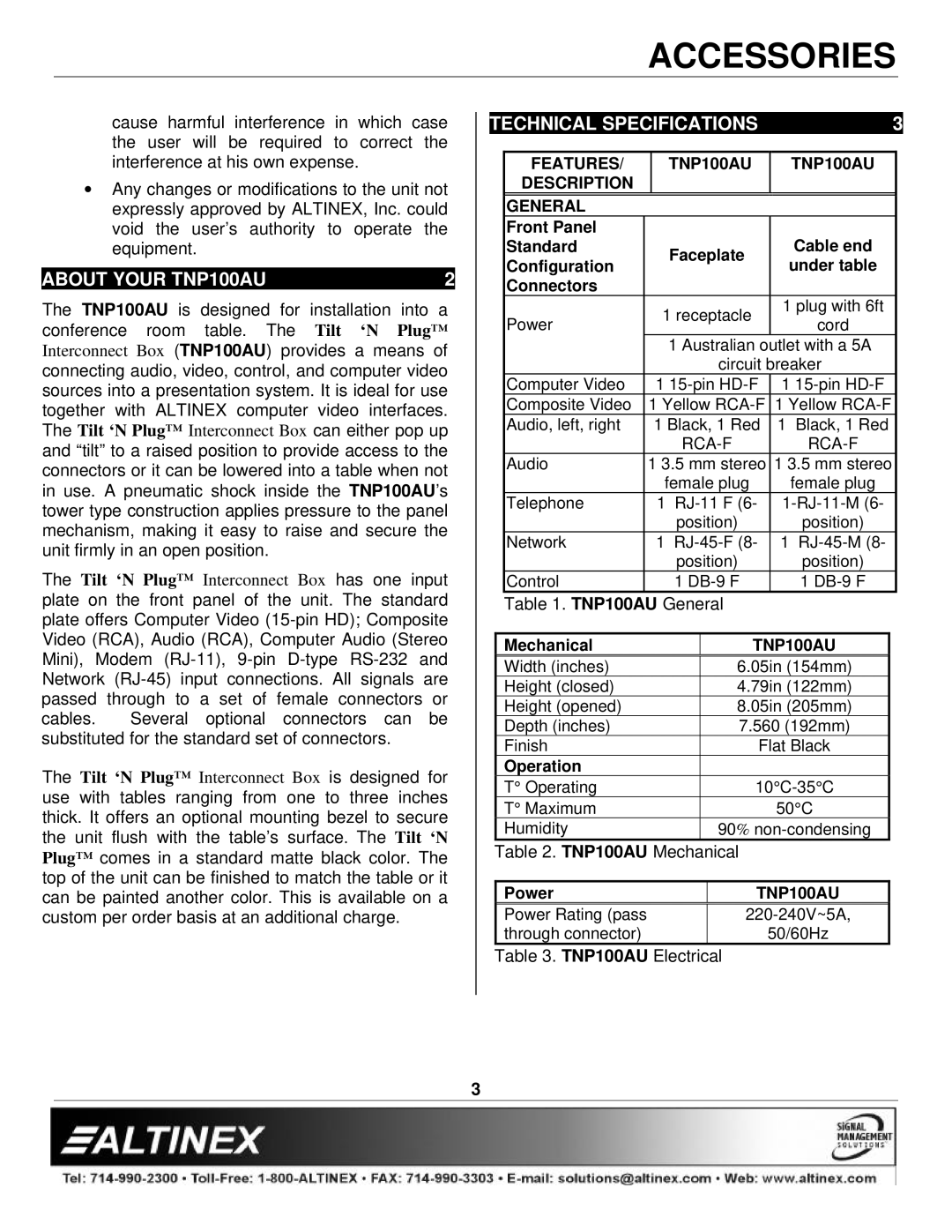 Altinex manual About Your TNP100AU, Technical Specifications 