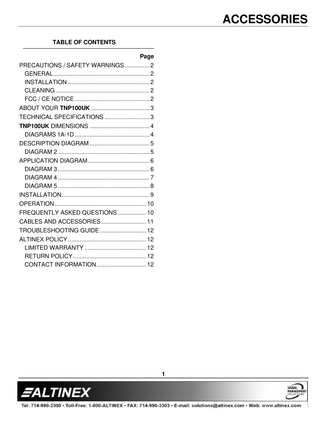 Altinex TNP100UK manual Table of Contents 