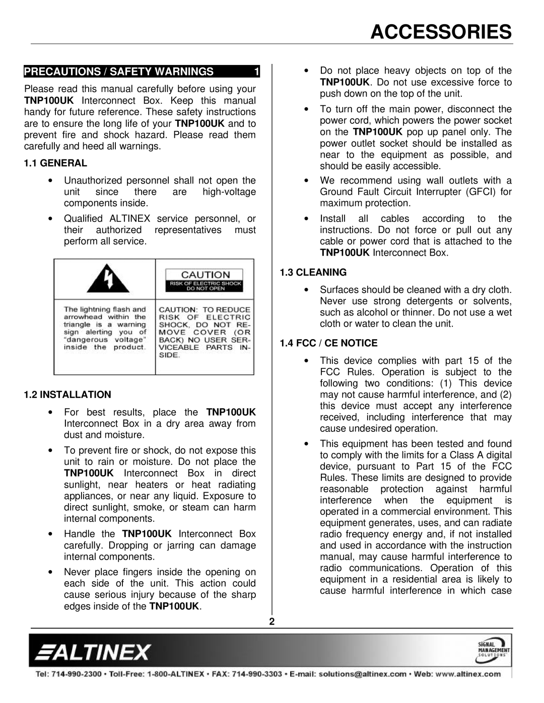 Altinex TNP100UK manual Precautions / Safety Warnings, General, Installation, Cleaning, FCC / CE Notice 