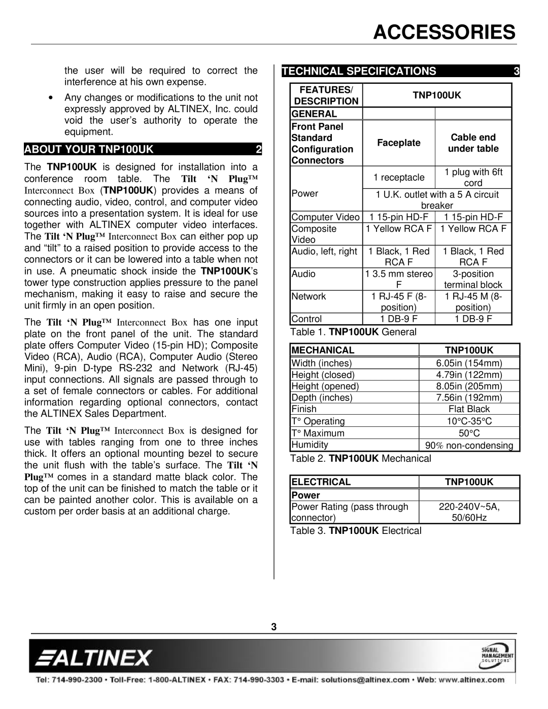 Altinex manual About Your TNP100UK, Technical Specifications 