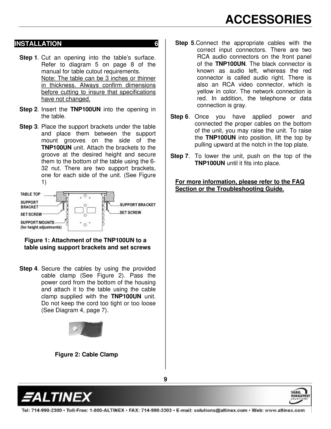 Altinex TNP100UN manual Installation, Cable Clamp 