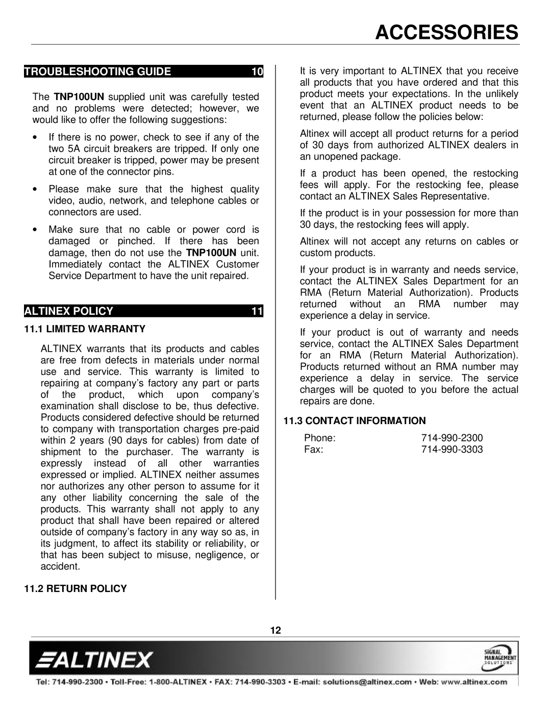 Altinex TNP100UN manual Troubleshooting Guide, Altinex Policy, Limited Warranty, Return Policy, Contact Information 