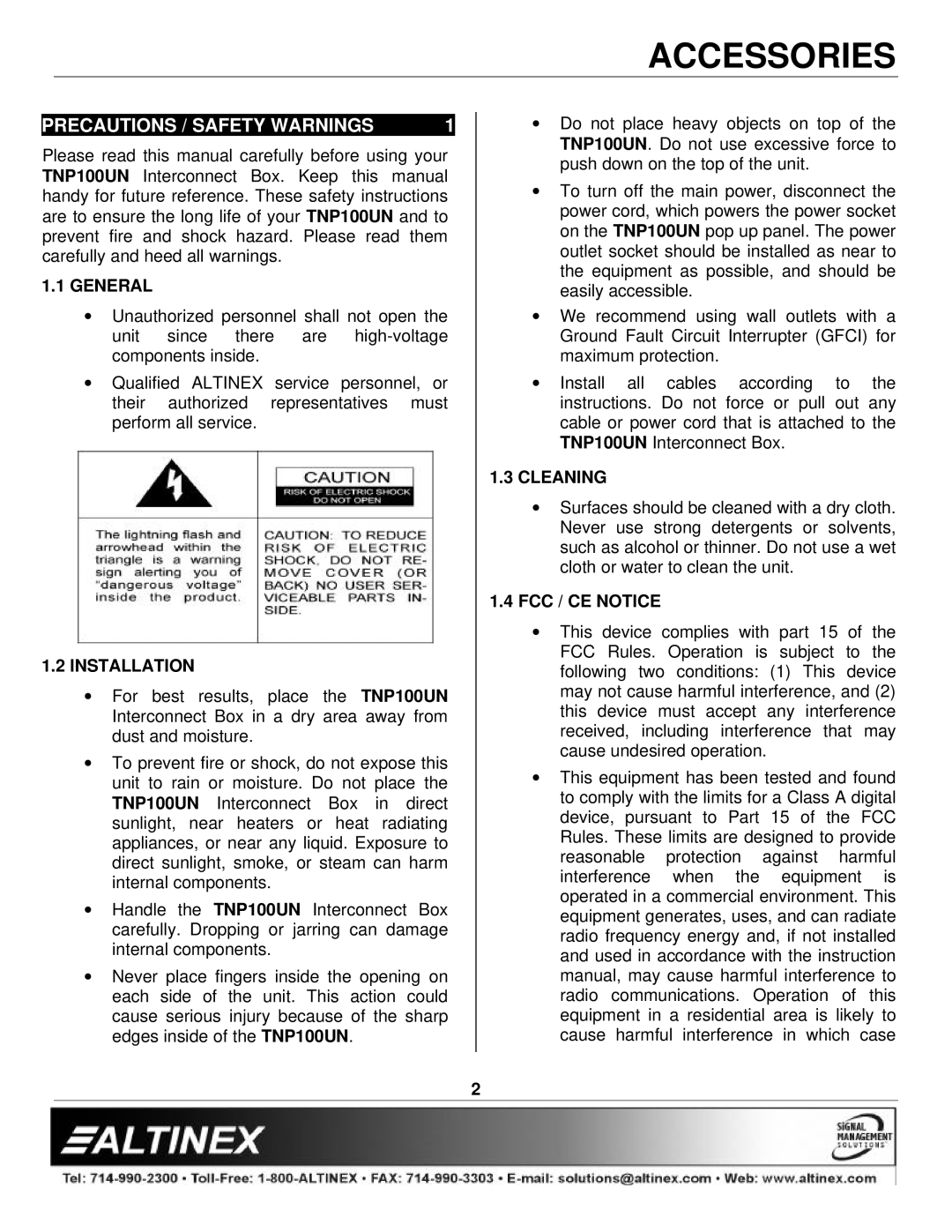 Altinex TNP100UN manual Precautions / Safety Warnings, General, Installation, Cleaning, FCC / CE Notice 