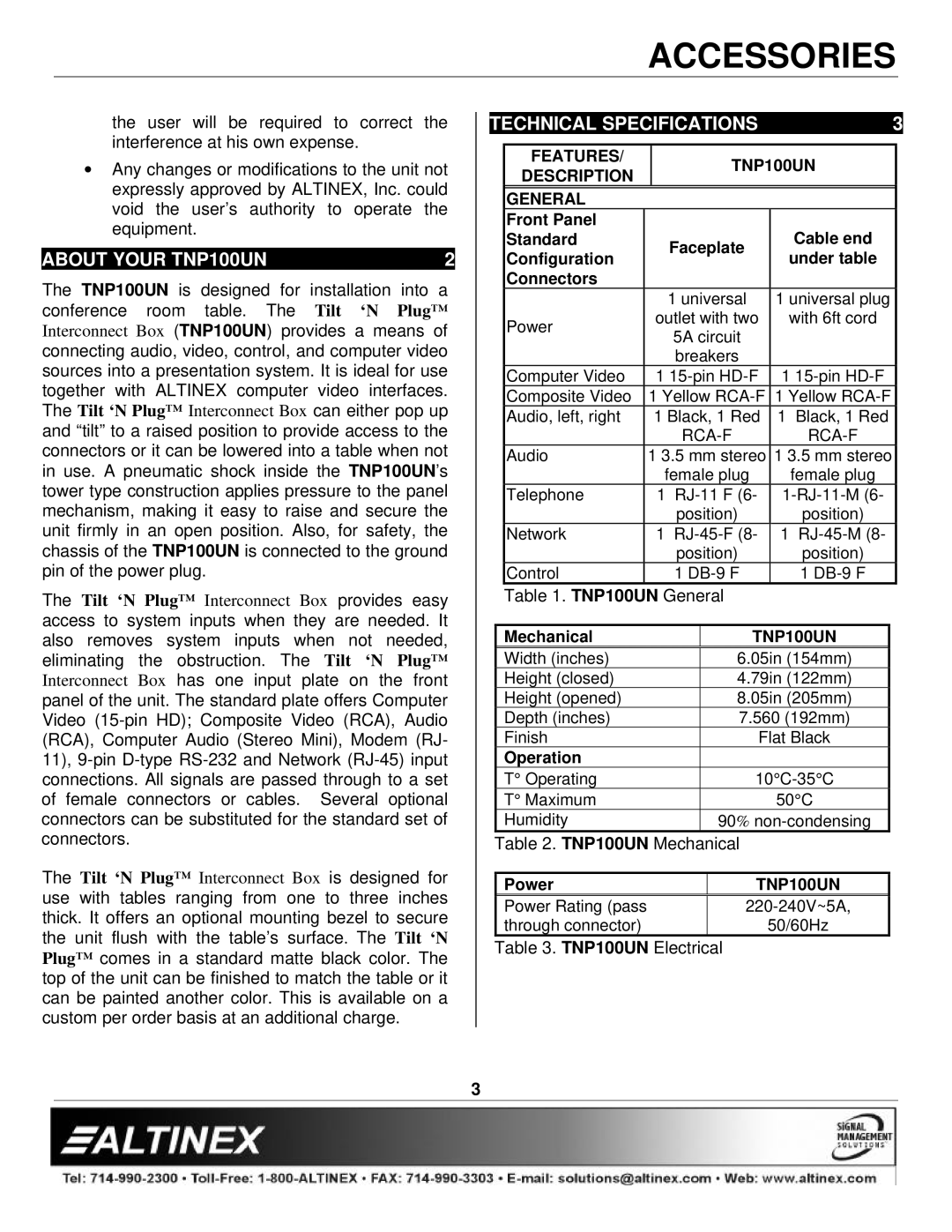 Altinex manual About Your TNP100UN, Technical Specifications 