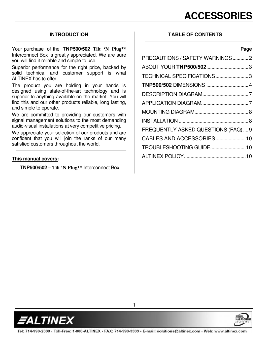 Altinex TNP500/502 manual Introduction, Table of Contents 