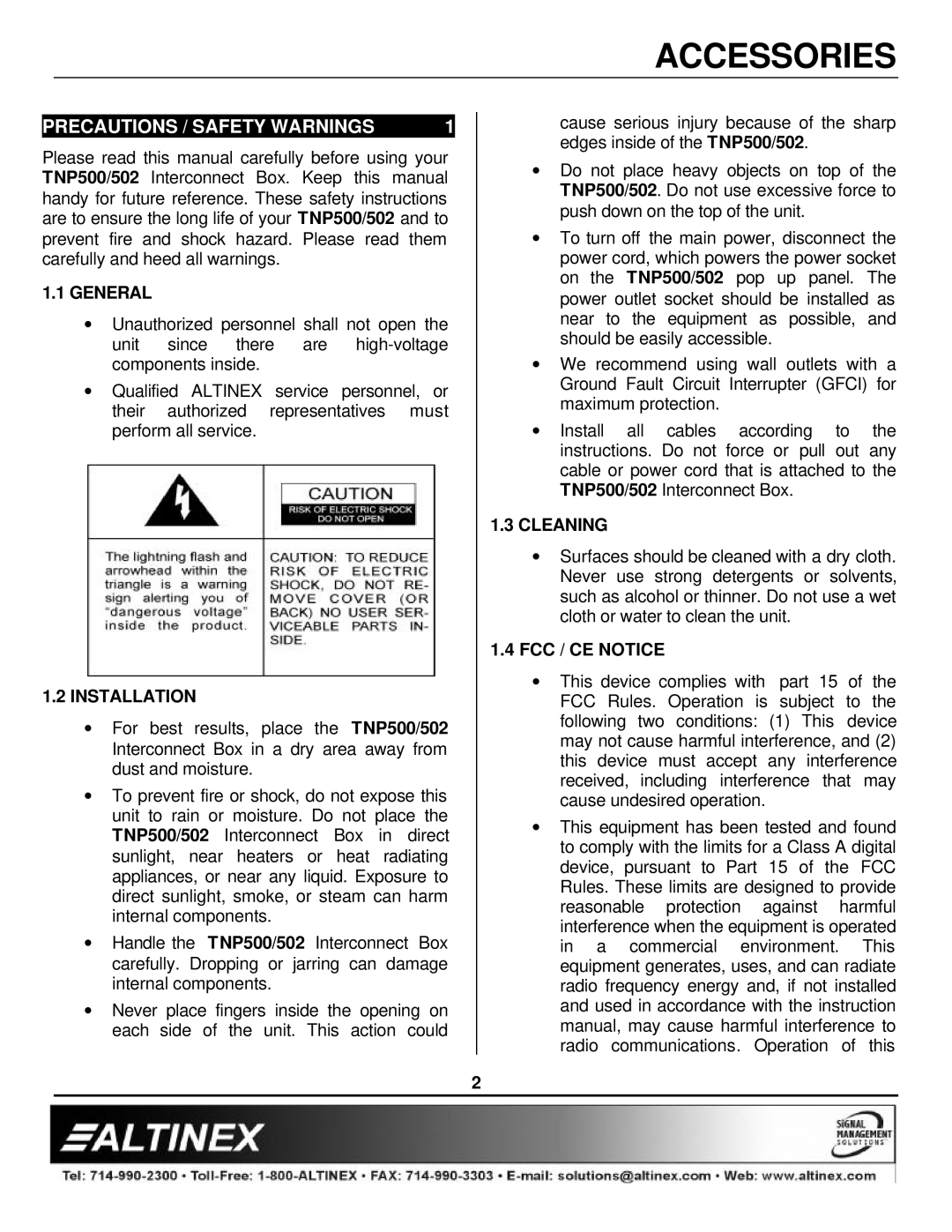 Altinex TNP500/502 manual Precautions / Safety Warnings, General, Installation, Cleaning, FCC / CE Notice 