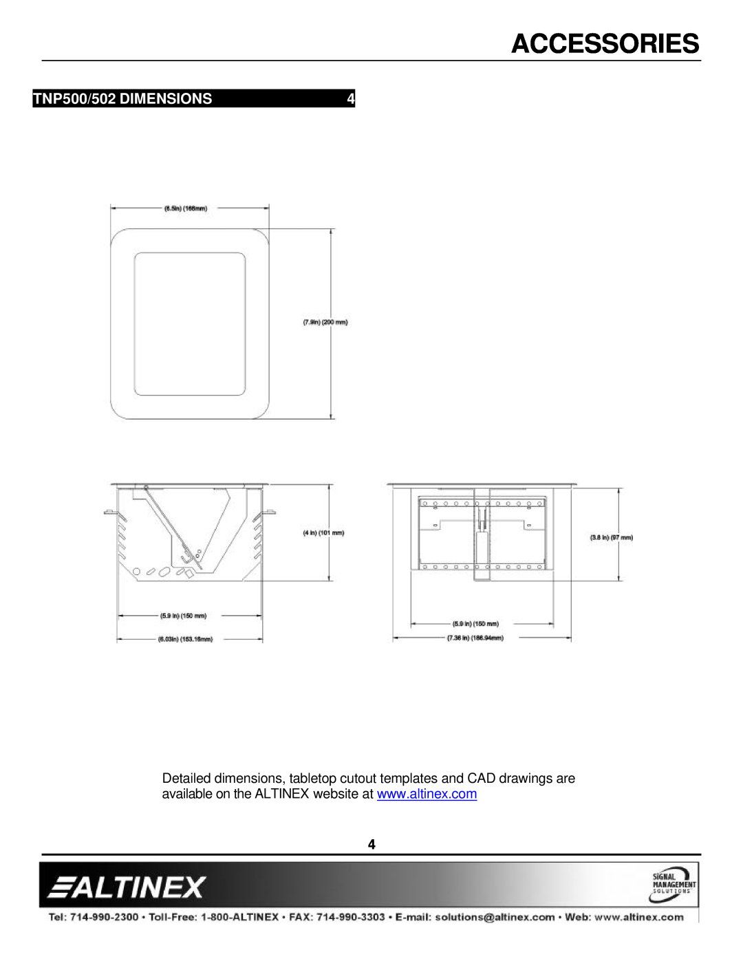 Altinex manual TNP500/502 DIMENSIONS, Accessories 