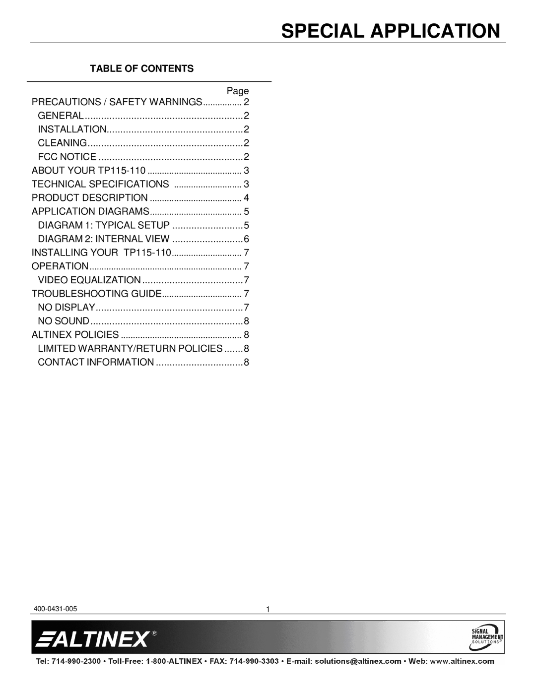 Altinex TP115-110 manual Table of Contents 