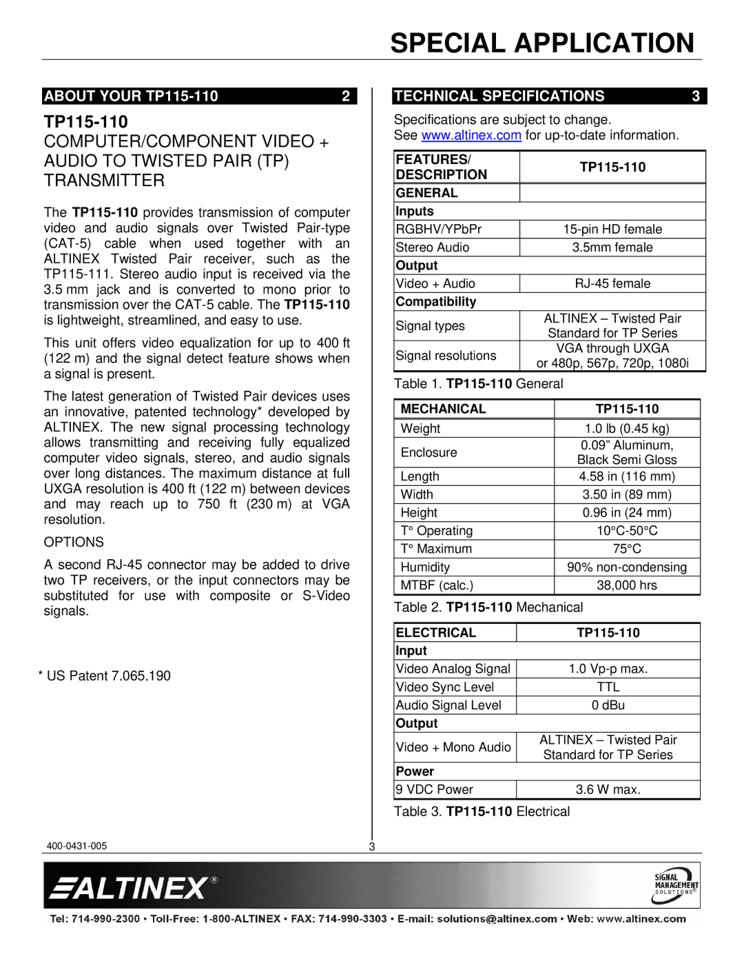 Altinex manual About Your TP115-110, Technical Specifications, Features, Description 