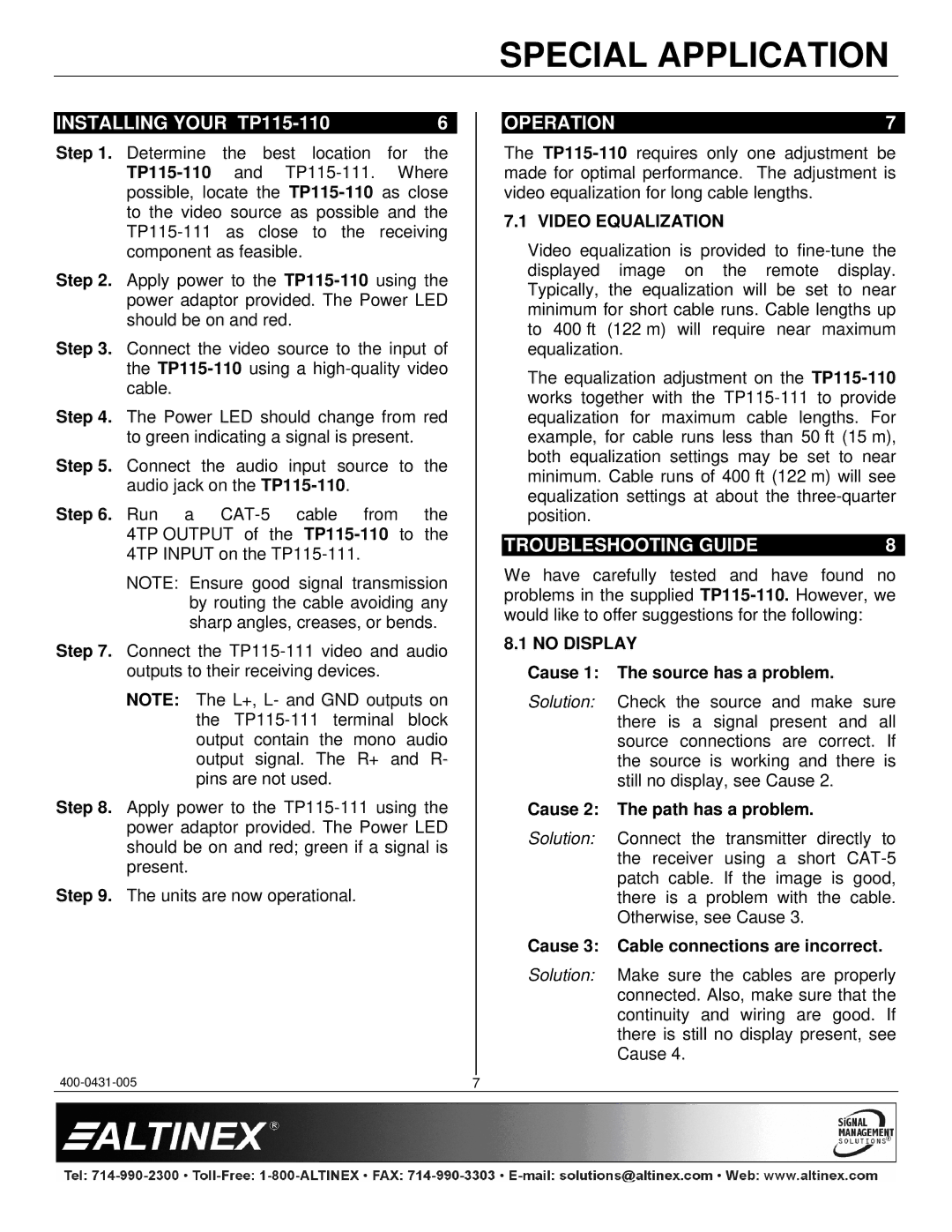 Altinex manual Installing Your TP115-110, Operation, Troubleshooting Guide, Video Equalization, No Display 