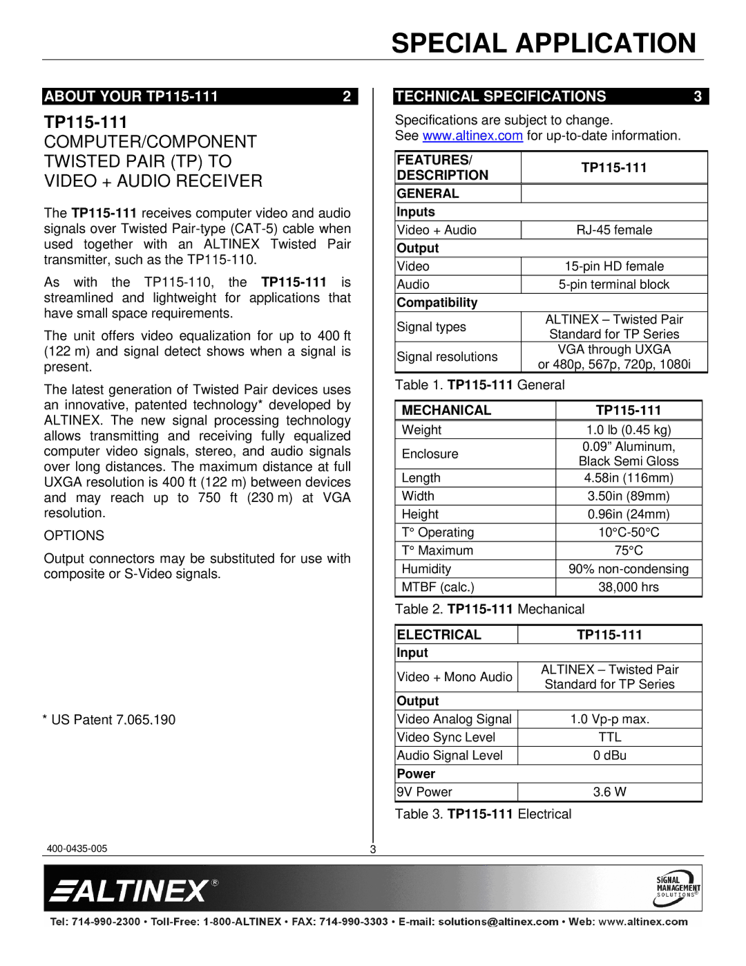 Altinex manual About Your TP115-111, Technical Specifications 