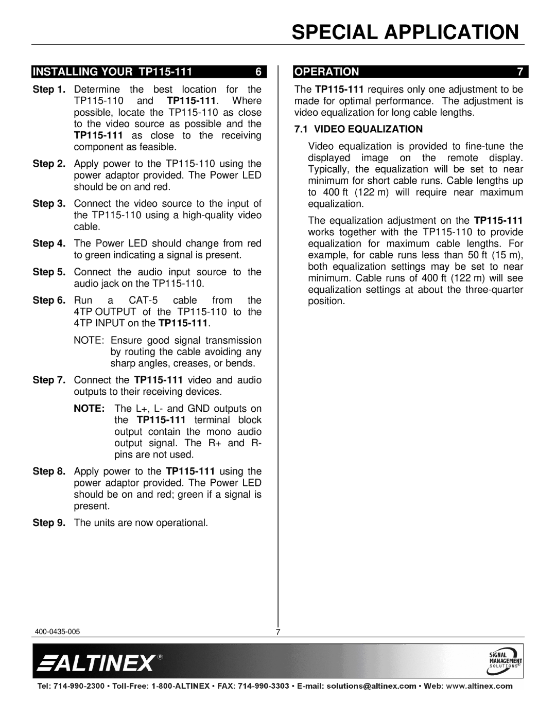 Altinex manual Installing Your TP115-111, Operation, Video Equalization 