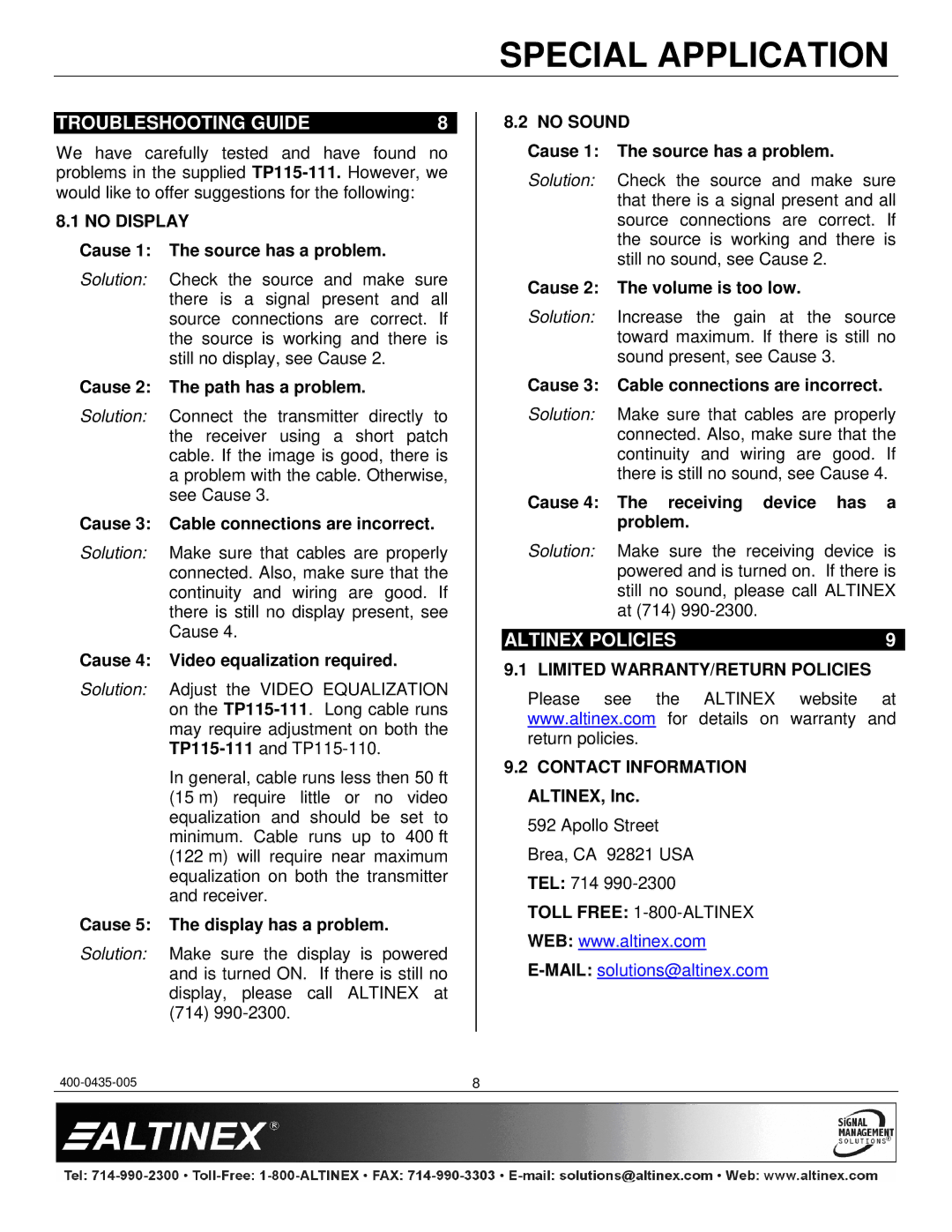 Altinex TP115-111 manual Troubleshooting Guide, Altinex Policies, No Display, No Sound, Limited WARRANTY/RETURN Policies 